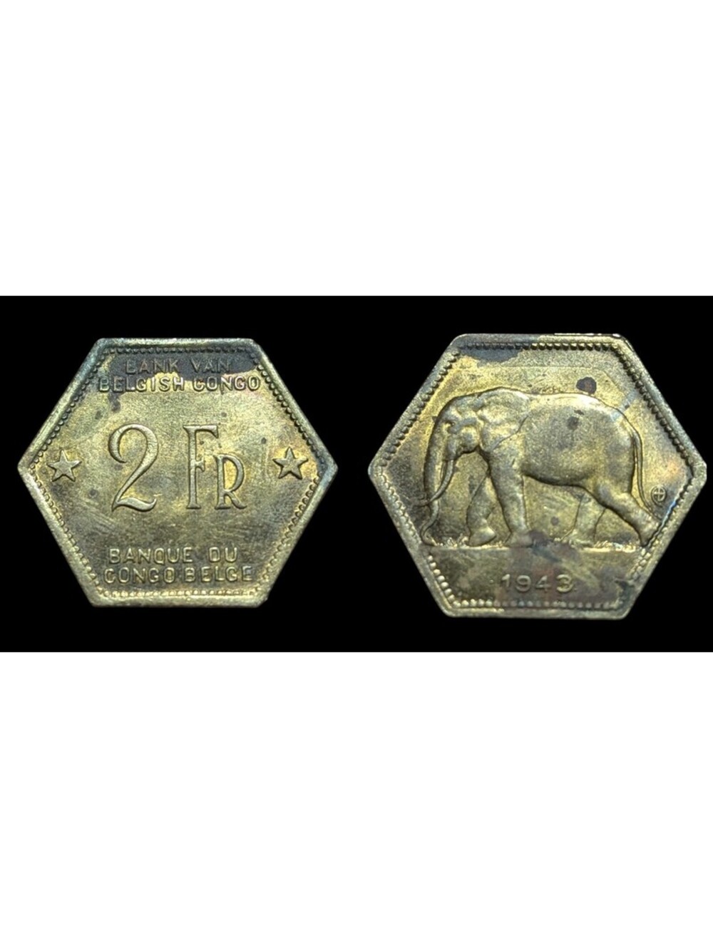 1943 Belgian Congo 2 Franc KM# 25 Brass Elephant 🐘